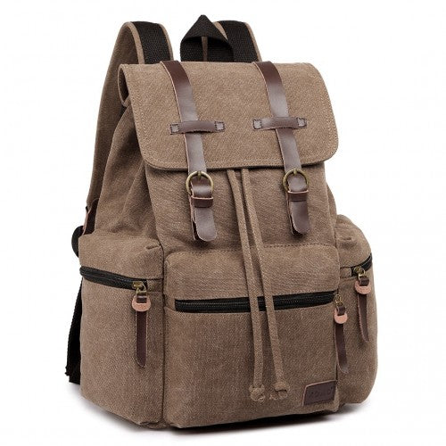 Kono Large Multi Function Leather Details Canvas Backpack - Coffee
