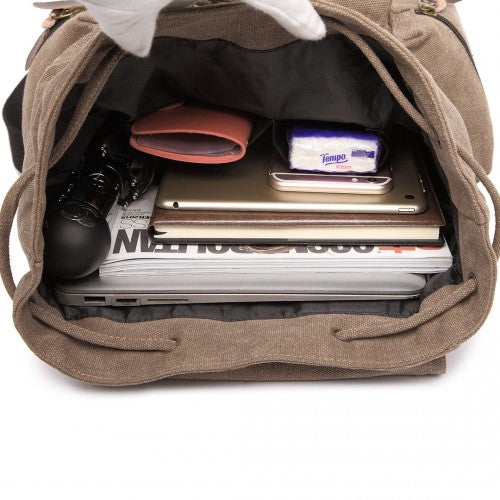 Kono Large Multi Function Leather Details Canvas Backpack - Coffee