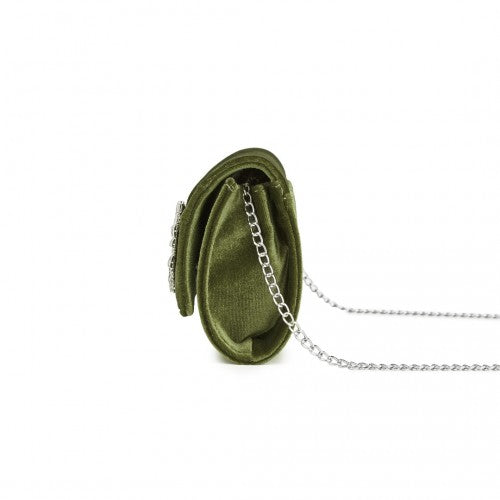 Miss Lulu Elegant Velvet Evening Clutch with Crystal Ring & Detachable Chain Strap - Versatile Shoulder or Handheld Bag - Green