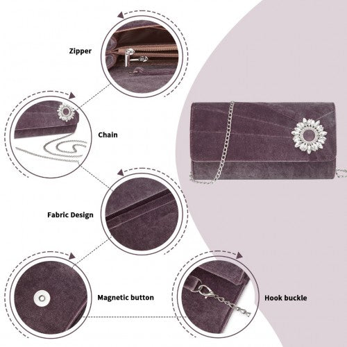 Miss Lulu Elegant Velvet Evening Clutch with Crystal Ring & Detachable Chain Strap - Versatile Shoulder or Handheld Bag - Purple