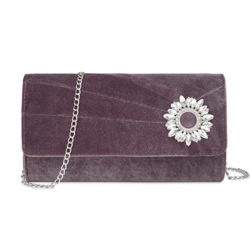 Miss Lulu Elegant Velvet Evening Clutch with Crystal Ring & Detachable Chain Strap - Versatile Shoulder or Handheld Bag - Purple