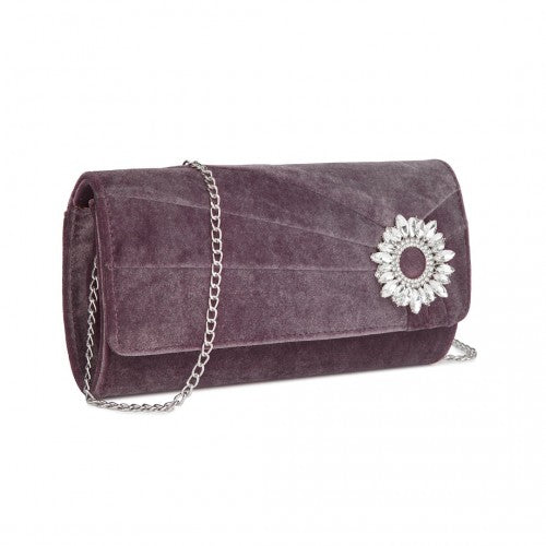 Miss Lulu Elegant Velvet Evening Clutch with Crystal Ring & Detachable Chain Strap - Versatile Shoulder or Handheld Bag - Purple