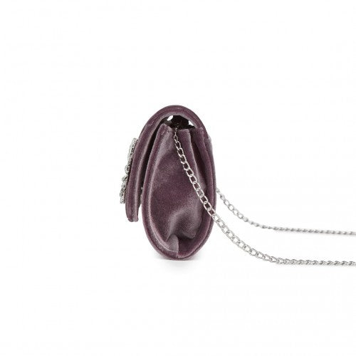 Miss Lulu Elegant Velvet Evening Clutch with Crystal Ring & Detachable Chain Strap - Versatile Shoulder or Handheld Bag - Purple
