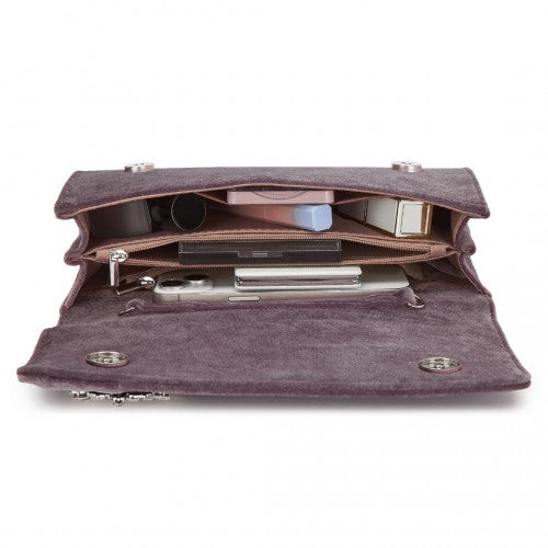 Miss Lulu Elegant Velvet Evening Clutch with Crystal Ring & Detachable Chain Strap - Versatile Shoulder or Handheld Bag - Purple