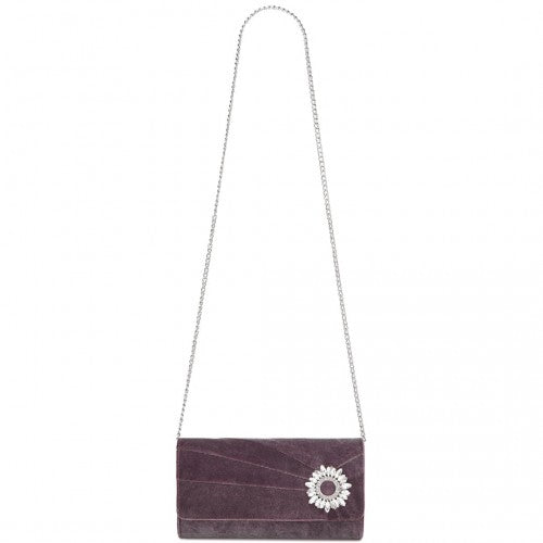 Miss Lulu Elegant Velvet Evening Clutch with Crystal Ring & Detachable Chain Strap - Versatile Shoulder or Handheld Bag - Purple