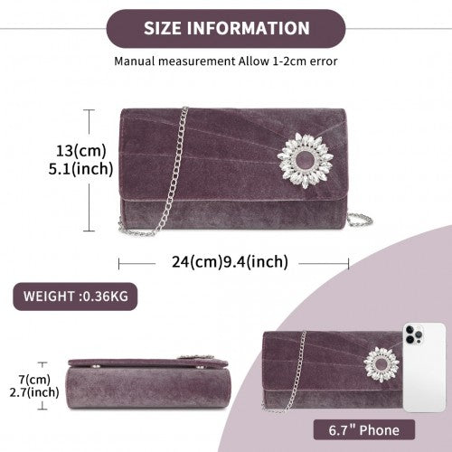 Miss Lulu Elegant Velvet Evening Clutch with Crystal Ring & Detachable Chain Strap - Versatile Shoulder or Handheld Bag - Purple