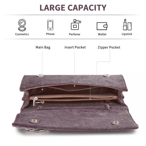 Miss Lulu Elegant Velvet Evening Clutch with Crystal Ring & Detachable Chain Strap - Versatile Shoulder or Handheld Bag - Purple