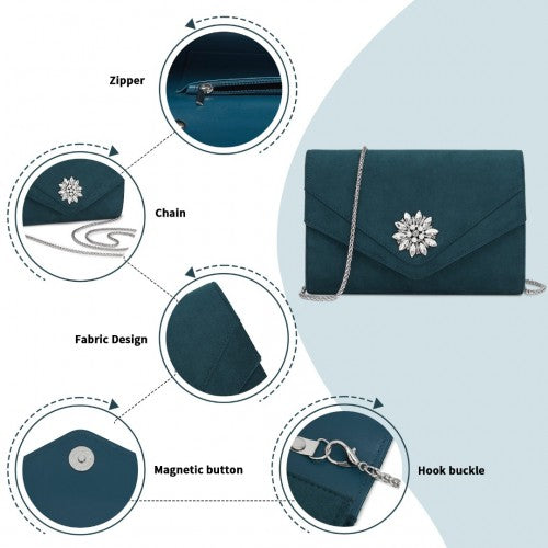 Miss Lulu Elegant Faux Suede Evening Clutch with Crystal Flower & Detachable Chain Strap - Navy