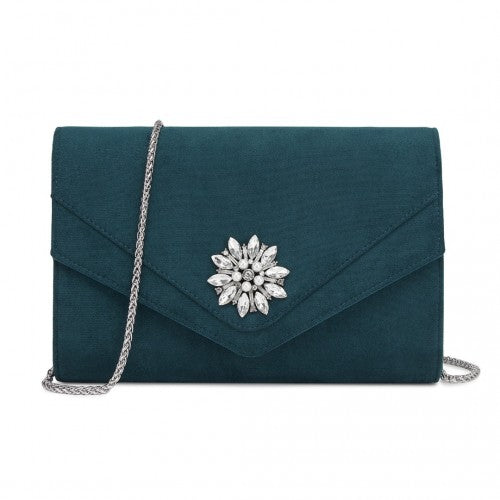 Miss Lulu Elegant Faux Suede Evening Clutch with Crystal Flower & Detachable Chain Strap - Navy