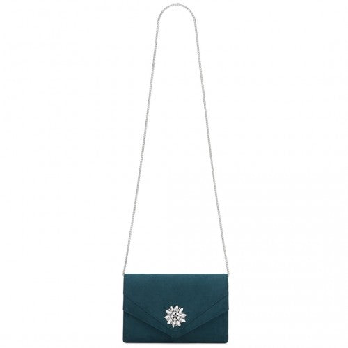 Miss Lulu Elegant Faux Suede Evening Clutch with Crystal Flower & Detachable Chain Strap - Navy