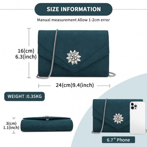 Miss Lulu Elegant Faux Suede Evening Clutch with Crystal Flower & Detachable Chain Strap - Navy