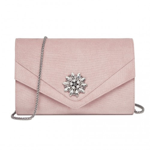 Miss Lulu Elegant Faux Suede Evening Clutch with Crystal Flower & Detachable Chain Strap - Pink
