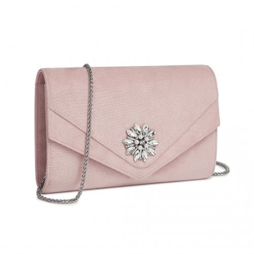 Miss Lulu Elegant Faux Suede Evening Clutch with Crystal Flower & Detachable Chain Strap - Pink