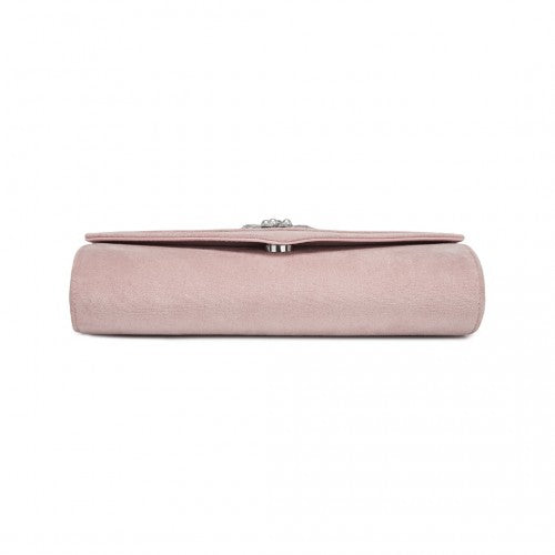 Miss Lulu Elegant Faux Suede Evening Clutch with Crystal Flower & Detachable Chain Strap - Pink