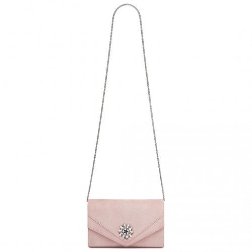 Miss Lulu Elegant Faux Suede Evening Clutch with Crystal Flower & Detachable Chain Strap - Pink