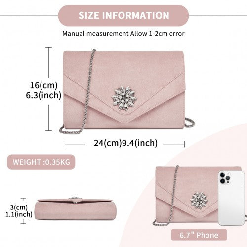 Miss Lulu Elegant Faux Suede Evening Clutch with Crystal Flower & Detachable Chain Strap - Pink