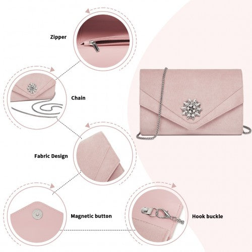 Miss Lulu Elegant Faux Suede Evening Clutch with Crystal Flower & Detachable Chain Strap - Pink