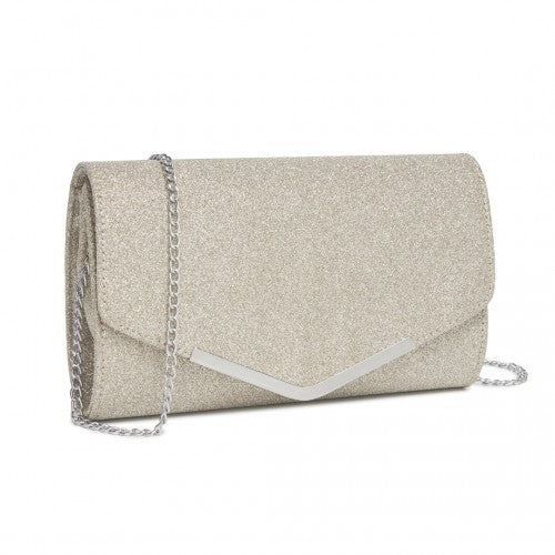 Miss Lulu Women's Glitter Envelope Clutch with V-Metal Trim & Detachable Chain Strap - Gold