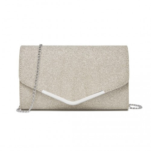 Miss Lulu Women's Glitter Envelope Clutch with V-Metal Trim & Detachable Chain Strap - Gold