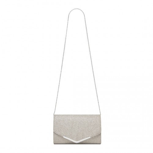 Miss Lulu Women's Glitter Envelope Clutch with V-Metal Trim & Detachable Chain Strap - Gold