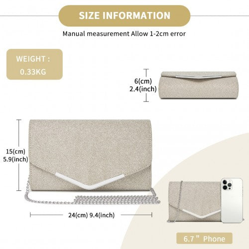 Miss Lulu Women's Glitter Envelope Clutch with V-Metal Trim & Detachable Chain Strap - Gold