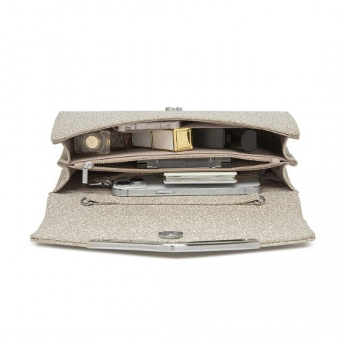Miss Lulu Women's Glitter Envelope Clutch with V-Metal Trim & Detachable Chain Strap - Gold