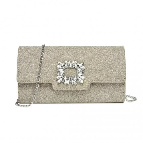 Miss Lulu Glitter Evening Clutch with Crystal Embellishment & Detachable Chain Strap - Elegant Crossbody or Handheld Bag - Gold