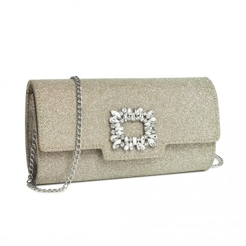 Miss Lulu Glitter Evening Clutch with Crystal Embellishment & Detachable Chain Strap - Elegant Crossbody or Handheld Bag - Gold