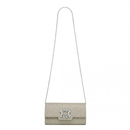 Miss Lulu Glitter Evening Clutch with Crystal Embellishment & Detachable Chain Strap - Elegant Crossbody or Handheld Bag - Gold