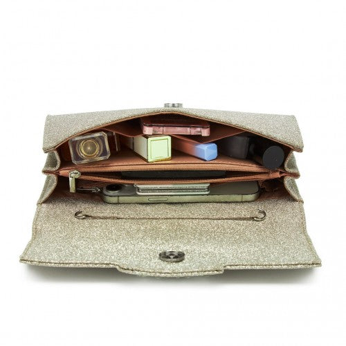 Miss Lulu Glitter Evening Clutch with Crystal Embellishment & Detachable Chain Strap - Elegant Crossbody or Handheld Bag - Gold