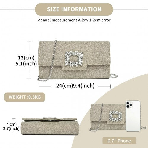 Miss Lulu Glitter Evening Clutch with Crystal Embellishment & Detachable Chain Strap - Elegant Crossbody or Handheld Bag - Gold