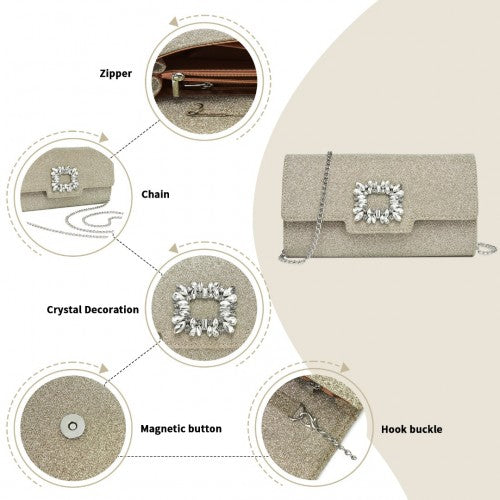 Miss Lulu Glitter Evening Clutch with Crystal Embellishment & Detachable Chain Strap - Elegant Crossbody or Handheld Bag - Gold