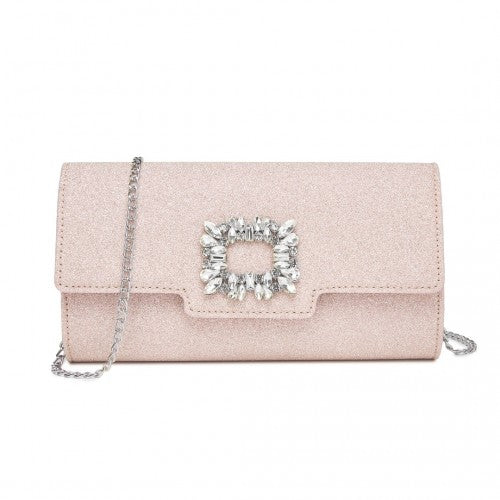 Miss Lulu Glitter Evening Clutch with Crystal Embellishment & Detachable Chain Strap - Elegant Crossbody or Handheld Bag - Pink