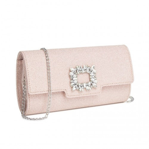 Miss Lulu Glitter Evening Clutch with Crystal Embellishment & Detachable Chain Strap - Elegant Crossbody or Handheld Bag - Pink