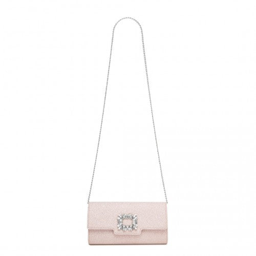 Miss Lulu Glitter Evening Clutch with Crystal Embellishment & Detachable Chain Strap - Elegant Crossbody or Handheld Bag - Pink