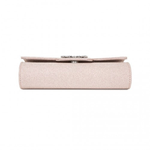 Miss Lulu Glitter Evening Clutch with Crystal Embellishment & Detachable Chain Strap - Elegant Crossbody or Handheld Bag - Pink