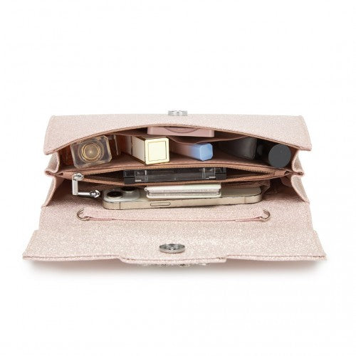 Miss Lulu Glitter Evening Clutch with Crystal Embellishment & Detachable Chain Strap - Elegant Crossbody or Handheld Bag - Pink