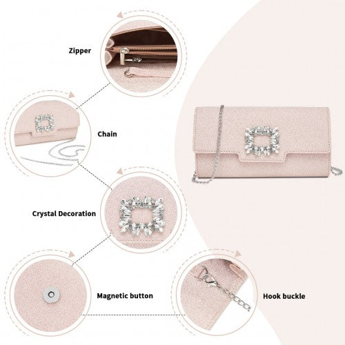 Miss Lulu Glitter Evening Clutch with Crystal Embellishment & Detachable Chain Strap - Elegant Crossbody or Handheld Bag - Pink