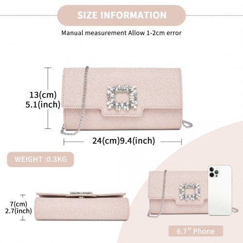 Miss Lulu Glitter Evening Clutch with Crystal Embellishment & Detachable Chain Strap - Elegant Crossbody or Handheld Bag - Pink