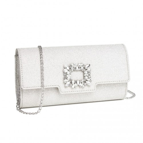 Miss Lulu Glitter Evening Clutch with Crystal Embellishment & Detachable Chain Strap - Elegant Crossbody or Handheld Bag - Silver