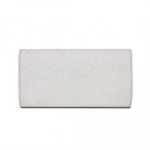 Miss Lulu Glitter Evening Clutch with Crystal Embellishment & Detachable Chain Strap - Elegant Crossbody or Handheld Bag - Silver