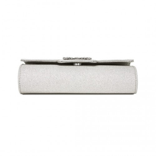 Miss Lulu Glitter Evening Clutch with Crystal Embellishment & Detachable Chain Strap - Elegant Crossbody or Handheld Bag - Silver