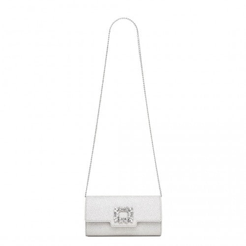 Miss Lulu Glitter Evening Clutch with Crystal Embellishment & Detachable Chain Strap - Elegant Crossbody or Handheld Bag - Silver
