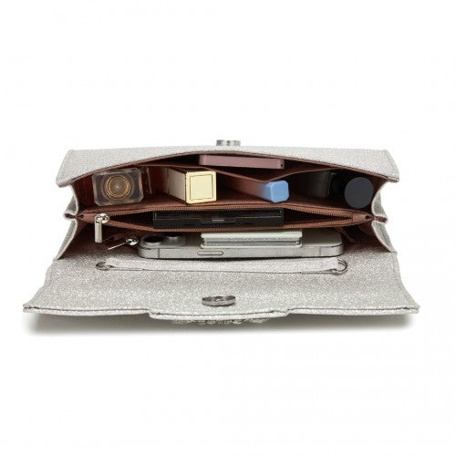 Miss Lulu Glitter Evening Clutch with Crystal Embellishment & Detachable Chain Strap - Elegant Crossbody or Handheld Bag - Silver