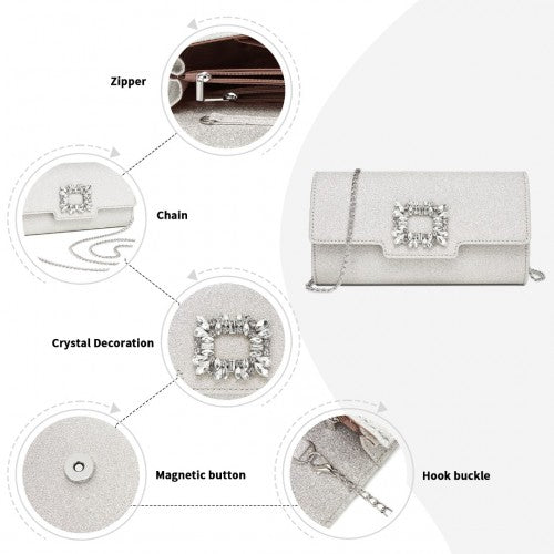 Miss Lulu Glitter Evening Clutch with Crystal Embellishment & Detachable Chain Strap - Elegant Crossbody or Handheld Bag - Silver