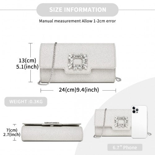 Miss Lulu Glitter Evening Clutch with Crystal Embellishment & Detachable Chain Strap - Elegant Crossbody or Handheld Bag - Silver