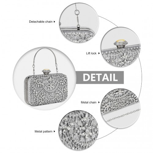 Elegant Evening Clutch Bag with Rhinestone Embellishments Detachable Handle and Chain Strap - Silver