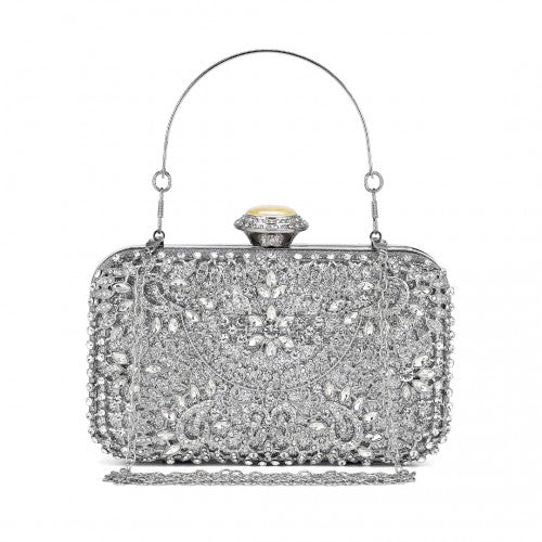 Elegant Evening Clutch Bag with Rhinestone Embellishments Detachable Handle and Chain Strap - Silver