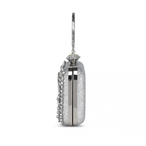 Elegant Evening Clutch Bag with Rhinestone Embellishments Detachable Handle and Chain Strap - Silver