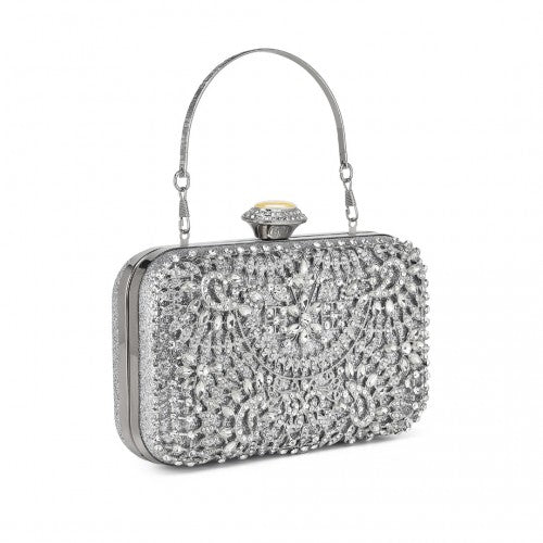 Elegant Evening Clutch Bag with Rhinestone Embellishments Detachable Handle and Chain Strap - Silver